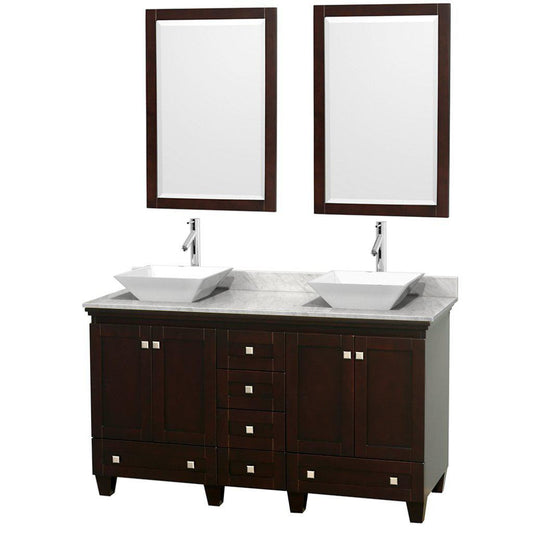 Wyndham Collection Acclaim 60" Double Bathroom Espresso Vanity With White Carrara Marble Countertop And Pyra White Sinks And 2 Set Of 24" Mirror