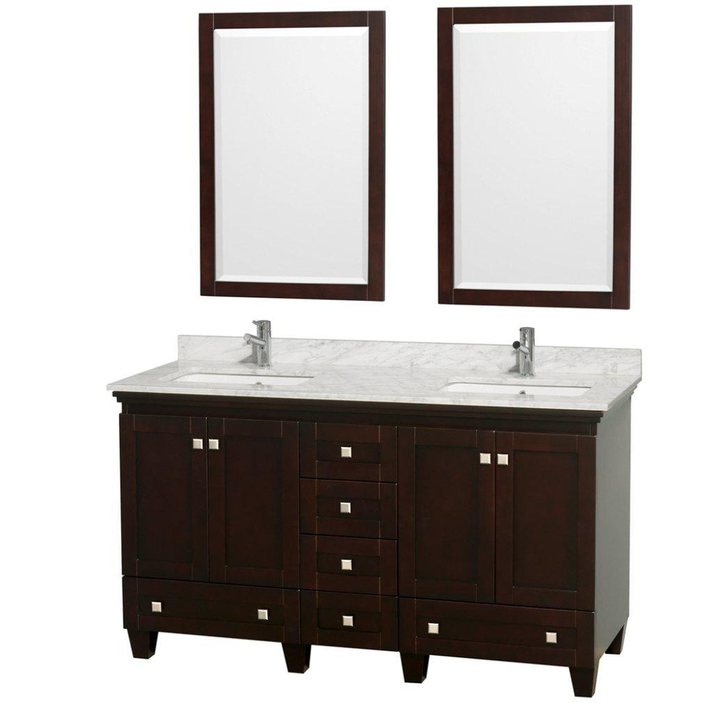 Wyndham Collection Acclaim 60" Double Bathroom Espresso Vanity With White Carrara Marble Countertop And Undermount Square Sinks And 2 Set Of 24" Mirror