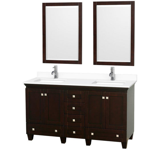 Wyndham Collection Acclaim 60" Double Bathroom Espresso Vanity With White Cultured Marble Countertop And Undermount Square Sinks And 2 Set Of 24" Mirror
