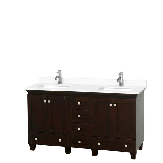 Wyndham Collection Acclaim 60" Double Bathroom Espresso Vanity With White Cultured Marble Countertop And Undermount Square Sinks