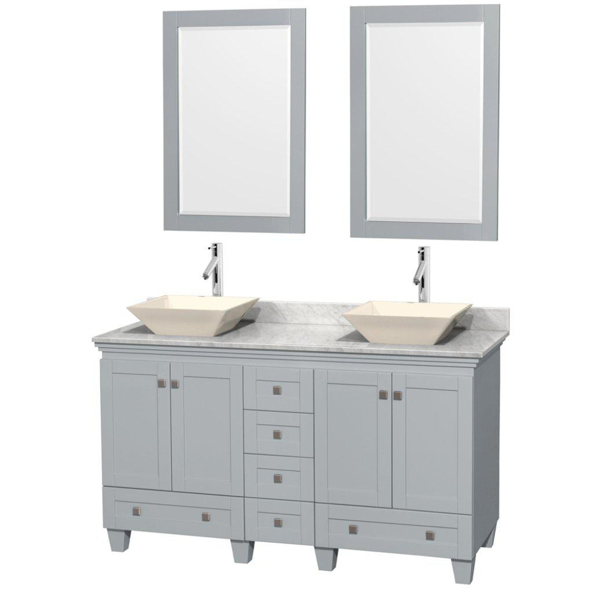 Wyndham Collection Acclaim 60" Double Bathroom Oyster Gray Vanity With White Carrara Marble Countertop And Pyra Bone Porcelain Sinks And 2 Set Of 24" Mirror