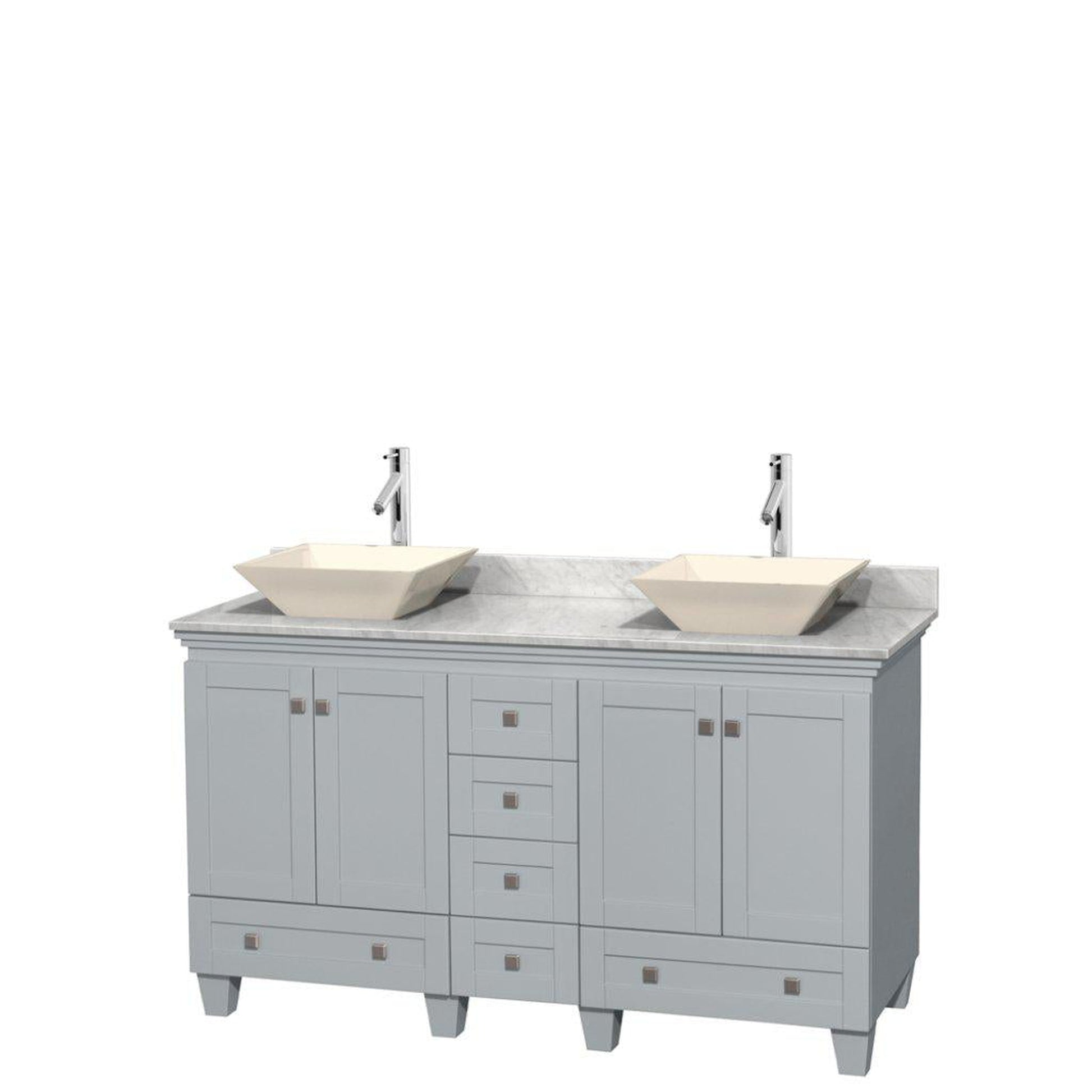 Wyndham Collection Acclaim 60" Double Bathroom Oyster Gray Vanity With White Carrara Marble Countertop And Pyra Bone Porcelain Sinks