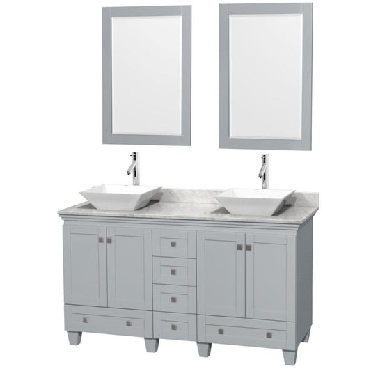 Wyndham Collection Acclaim 60" Double Bathroom Oyster Gray Vanity With White Carrara Marble Countertop And Pyra White Porcelain Sinks And 2 Set Of 24" Mirror