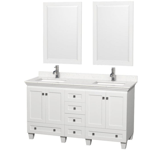 Wyndham Collection Acclaim 60" Double Bathroom White Vanity With Light-Vein Carrara Cultured Marble Countertop And Undermount Square Sinks And 2 Set Of 24" Mirror