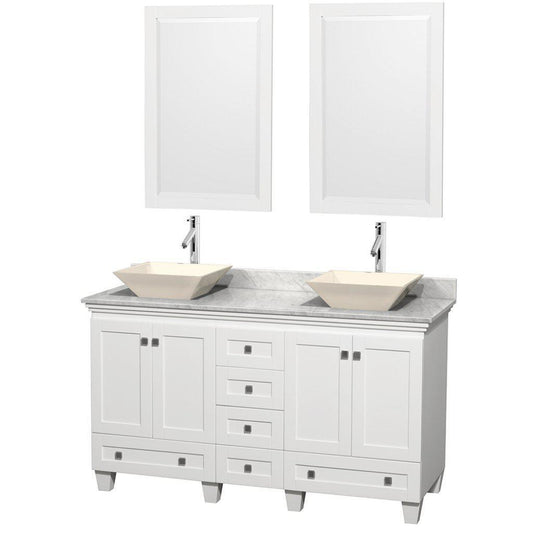 Wyndham Collection Acclaim 60" Double Bathroom White Vanity With White Carrara Marble Countertop And Pyra Bone Sinks And 2 Set Of 24" Mirror