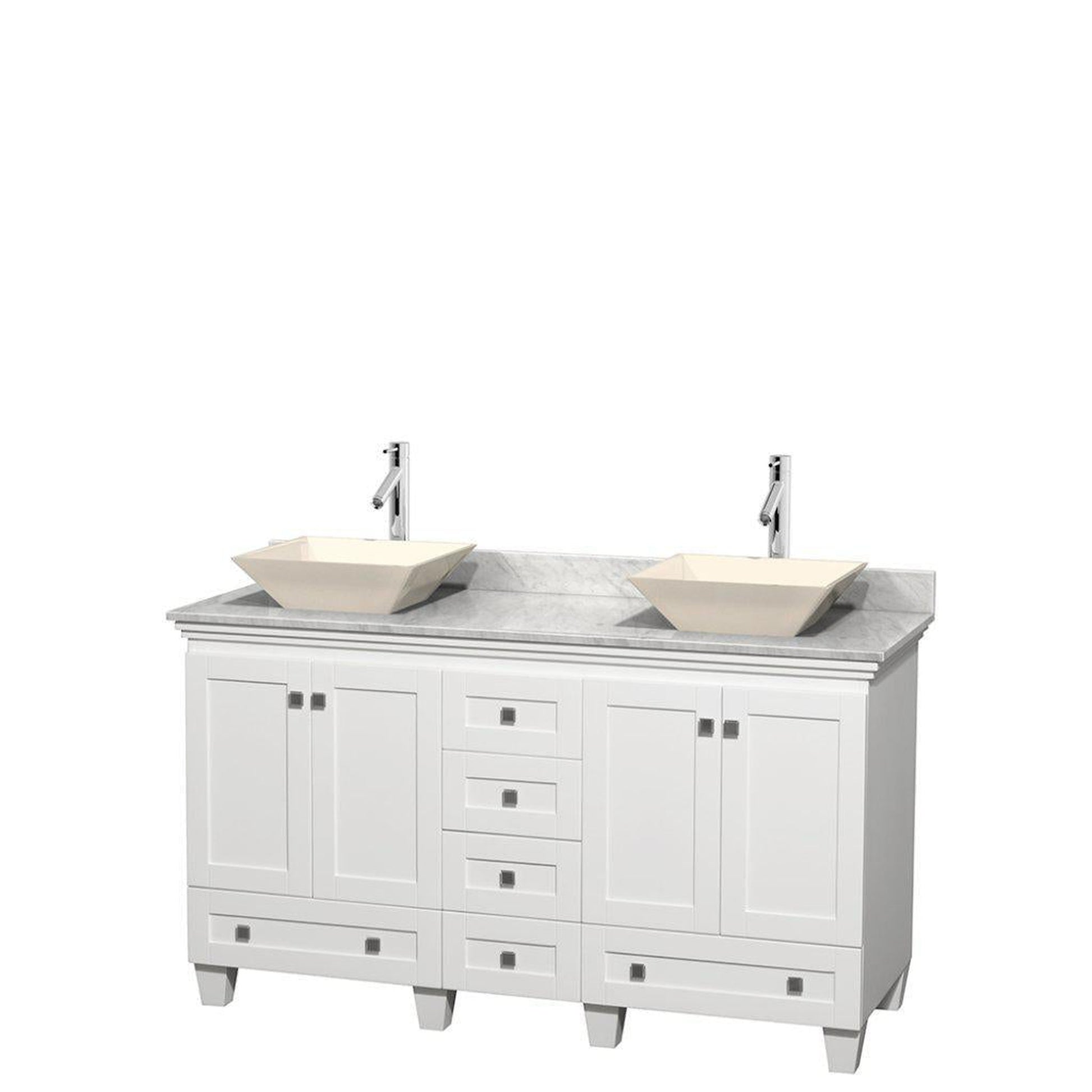 Wyndham Collection Acclaim 60" Double Bathroom White Vanity With White Carrara Marble Countertop And Pyra Bone Sinks