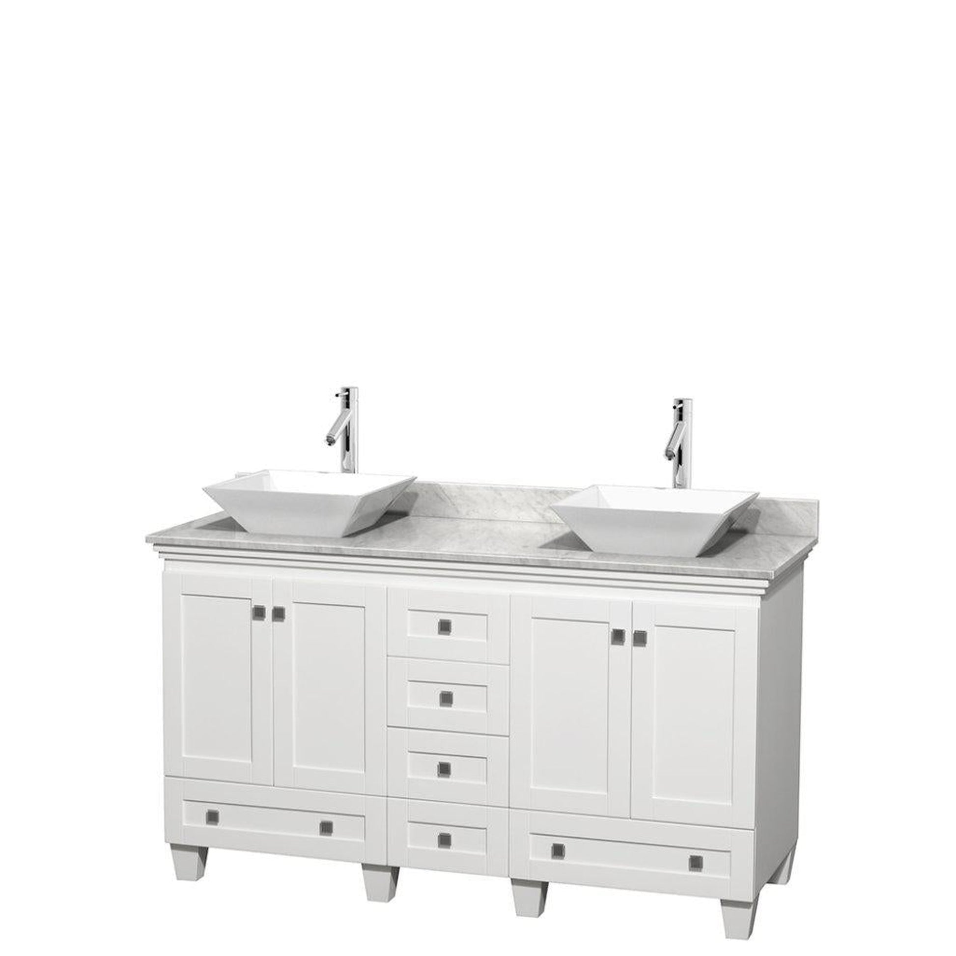 Wyndham Collection Acclaim 60" Double Bathroom White Vanity With White Carrara Marble Countertop And Pyra White Sinks