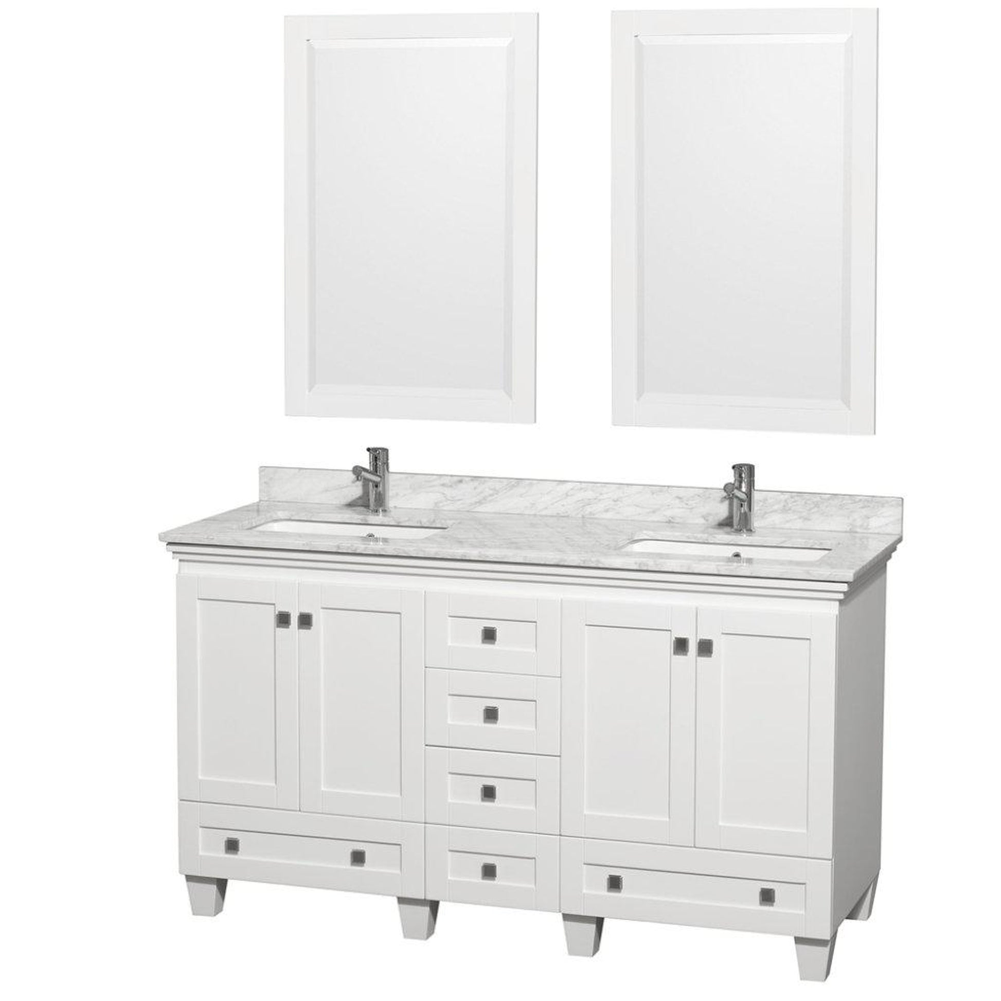 Wyndham Collection Acclaim 60" Double Bathroom White Vanity With White Carrara Marble Countertop And Undermount Square Sinks And 2 Set Of 24" Mirror