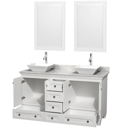 Wyndham Collection Acclaim 60" White Double Bathroom Vanity Set With White Carrara Marble Countertop, Pyra White Sinks and 2 Mirrors