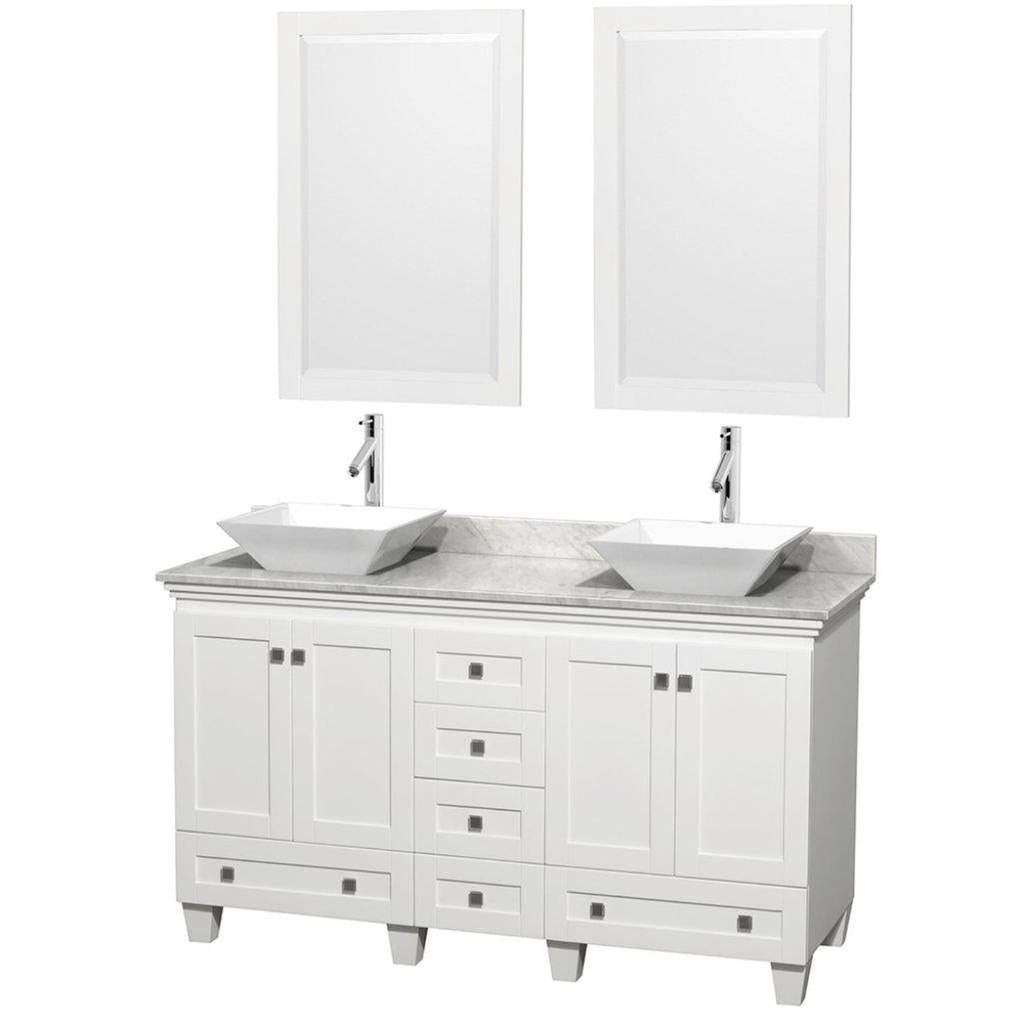 Wyndham Collection Acclaim 60" White Double Bathroom Vanity Set With White Carrara Marble Countertop, Pyra White Sinks and 2 Mirrors