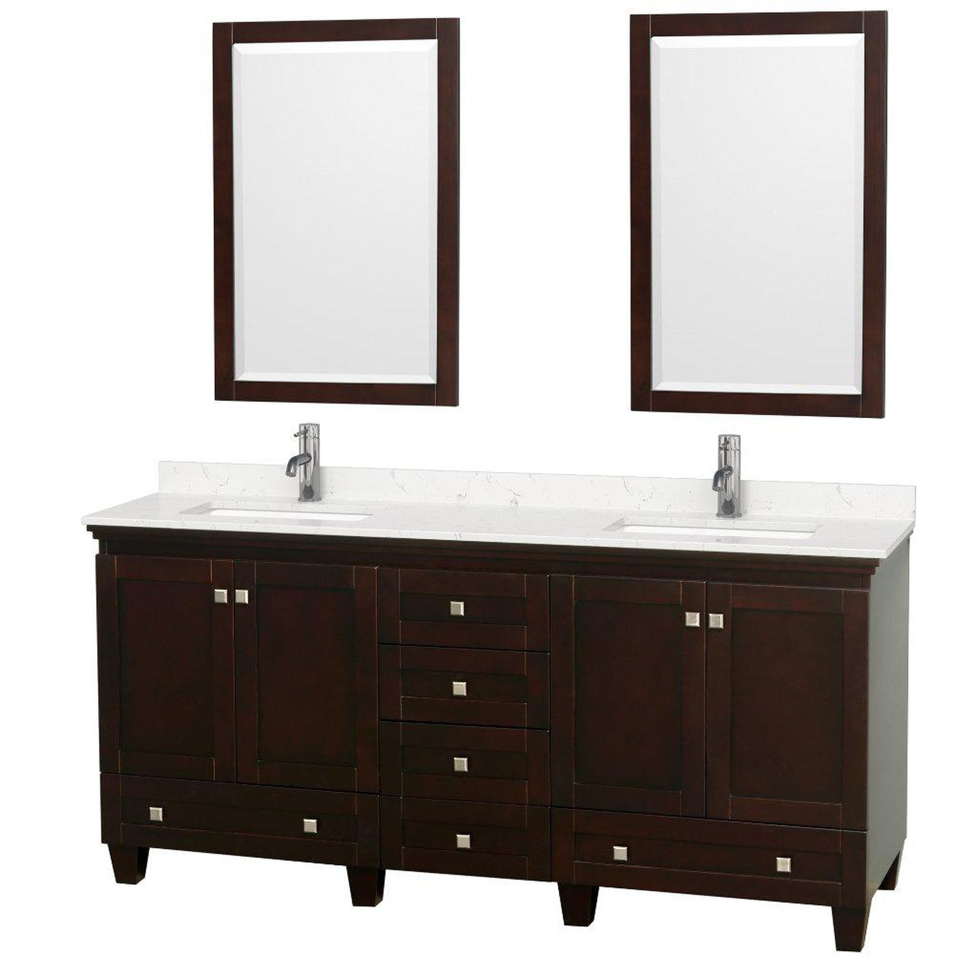 Wyndham Collection Acclaim 72" Double Bathroom Espresso Vanity With Light-Vein Carrara Cultured Marble Countertop And Undermount Square Sinks And 2 Set Of 24" Mirror