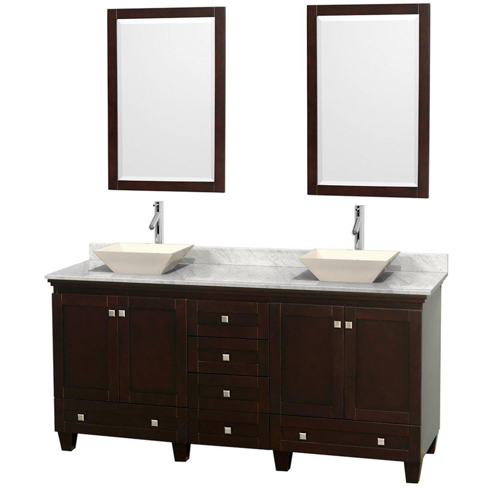 Wyndham Collection Acclaim 72" Double Bathroom Espresso Vanity With White Carrara Marble Countertop And Pyra Bone Sinks And 2 Set Of 24" Mirror