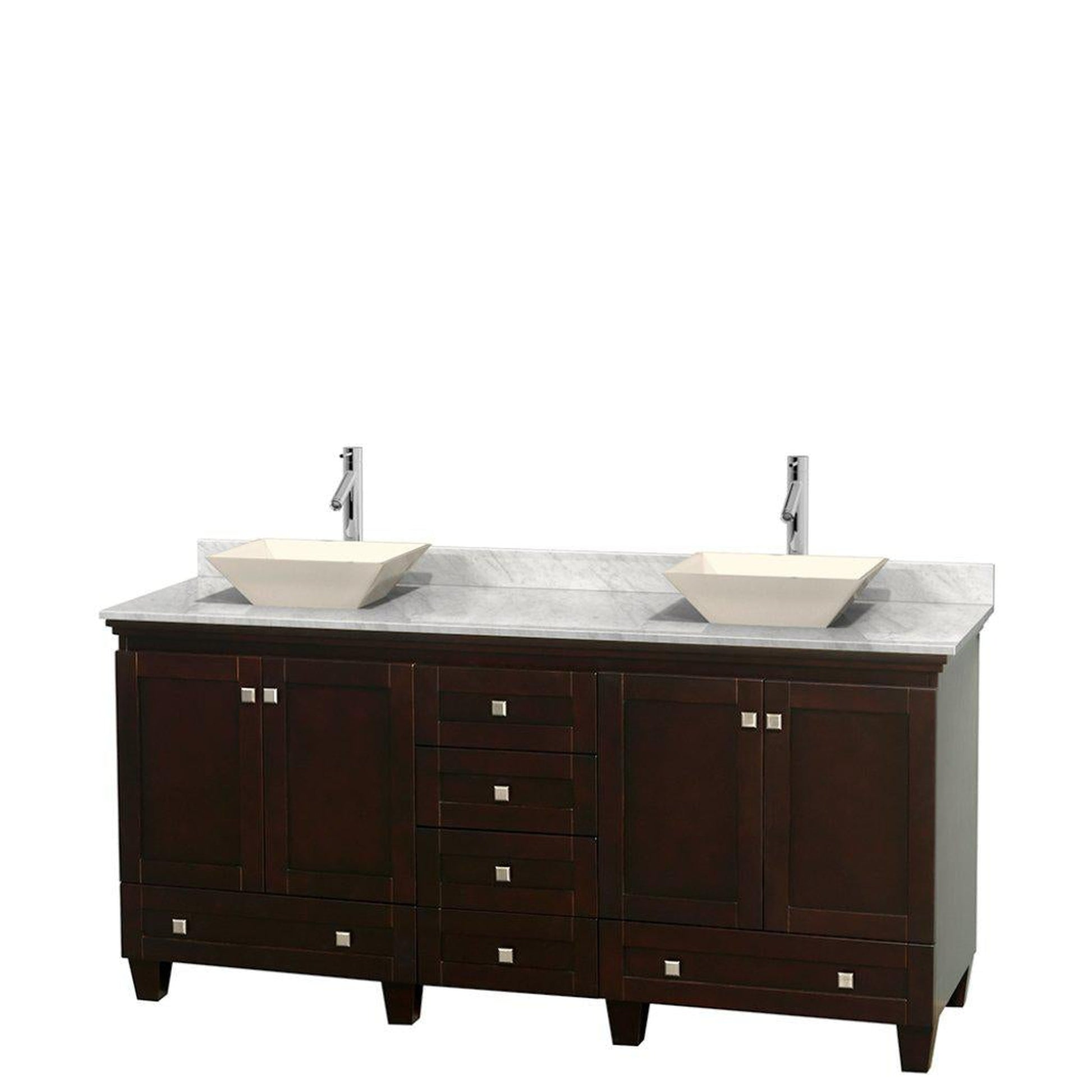 Wyndham Collection Acclaim 72" Double Bathroom Espresso Vanity With White Carrara Marble Countertop And Pyra Bone Sinks