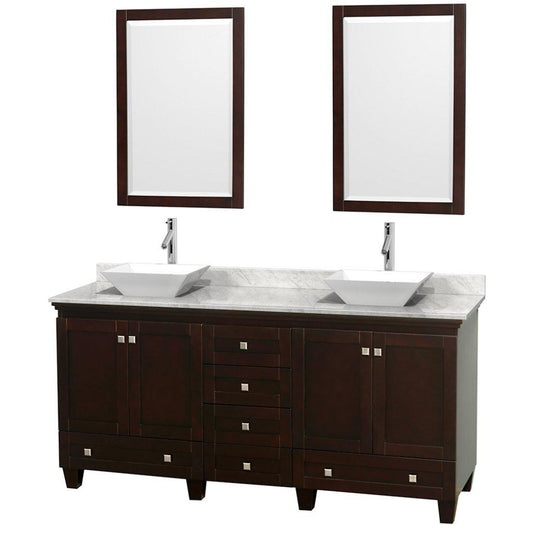 Wyndham Collection Acclaim 72" Double Bathroom Espresso Vanity With White Carrara Marble Countertop And Pyra White Sinks And 2 Set Of 24" Mirror
