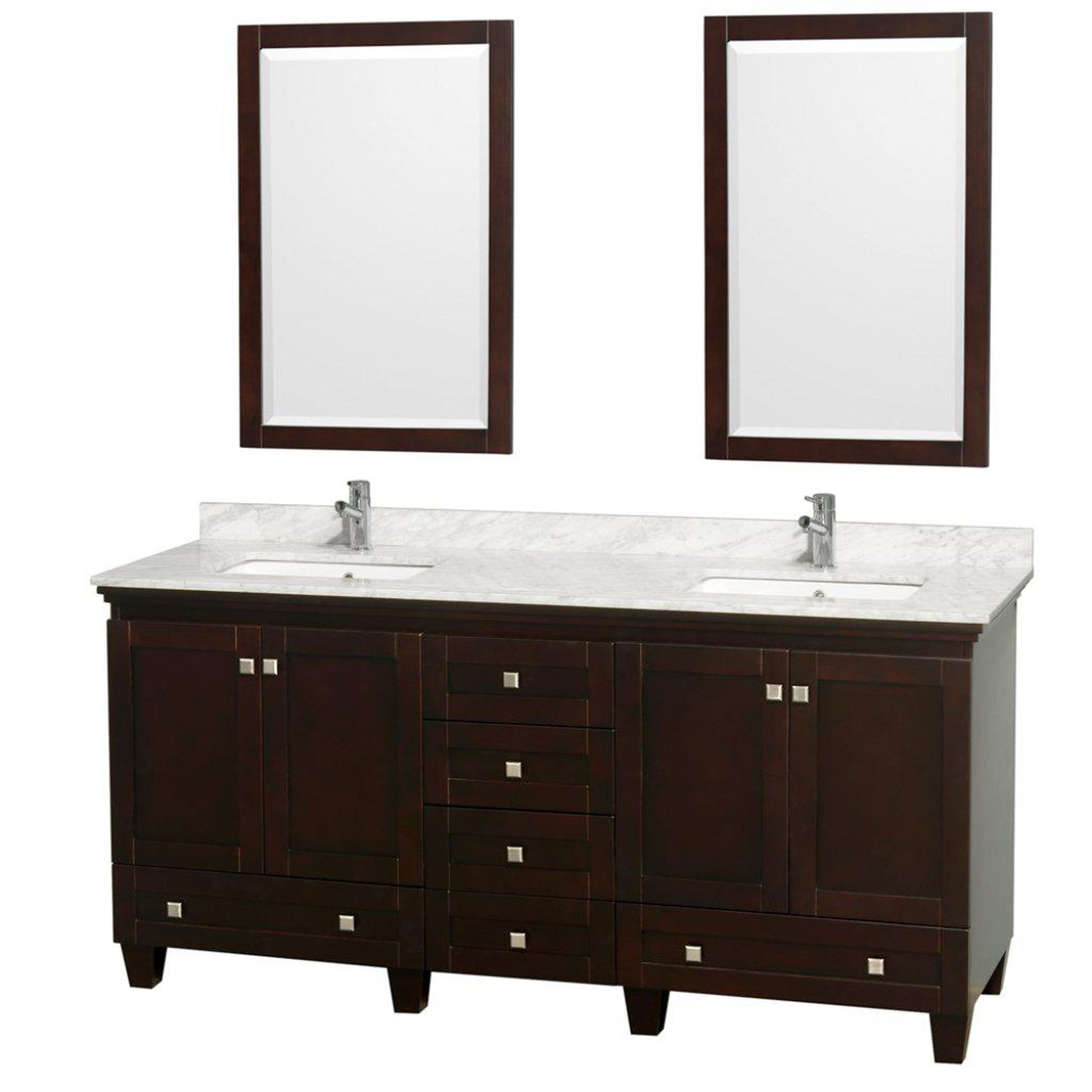 Wyndham Collection Acclaim 72" Double Bathroom Espresso Vanity With White Carrara Marble Countertop And Undermount Square Sinks And 2 Set Of 24" Mirror