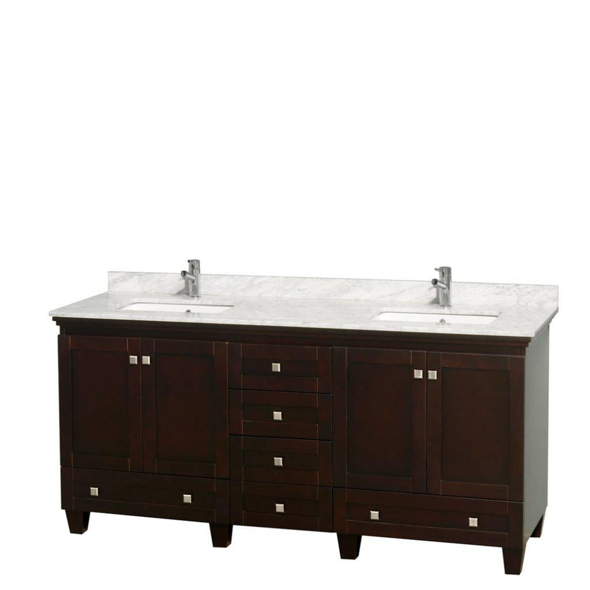 Wyndham Collection Acclaim 72" Double Bathroom Espresso Vanity With White Carrara Marble Countertop And Undermount Square Sinks
