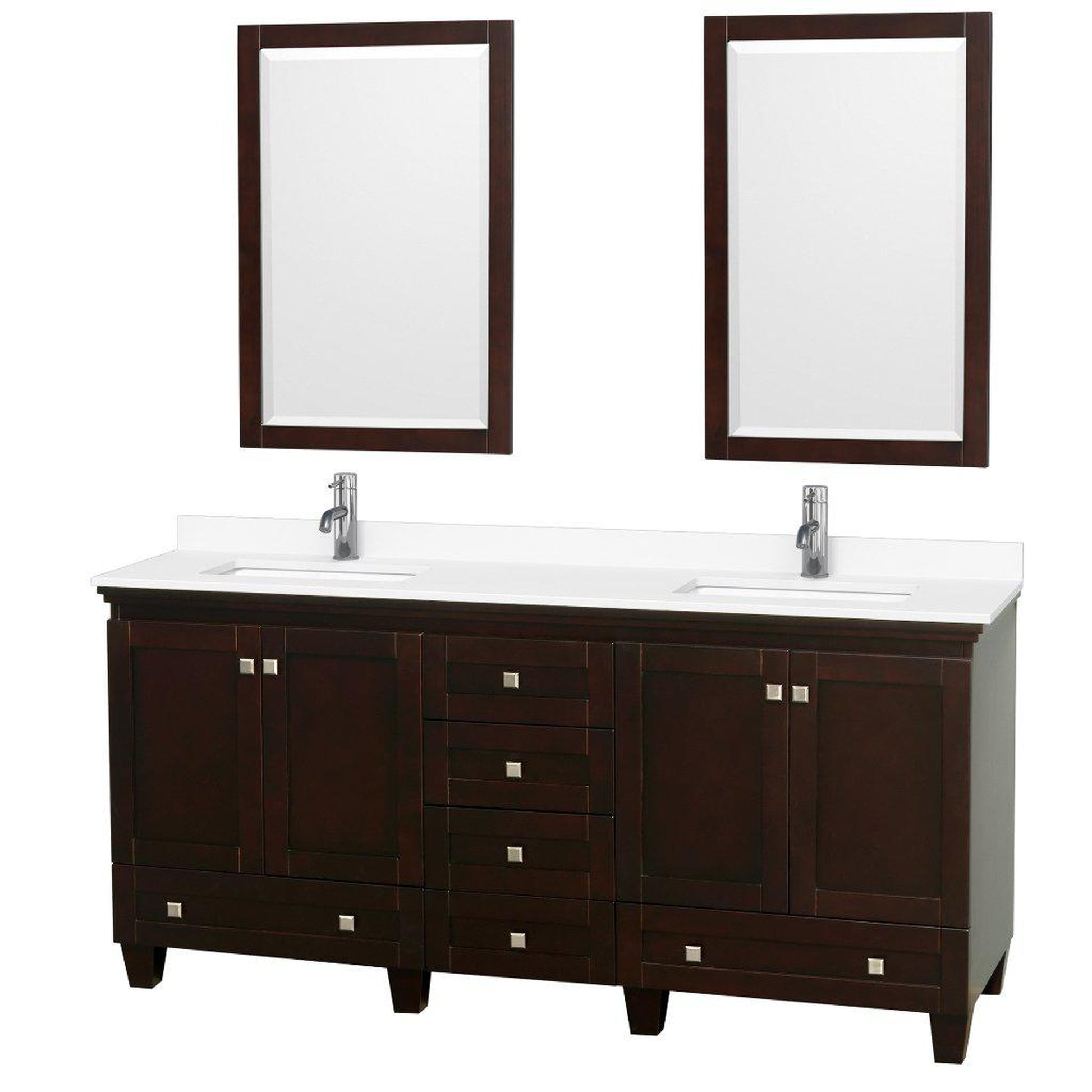 Wyndham Collection Acclaim 72" Double Bathroom Espresso Vanity With White Cultured Marble Countertop And Undermount Square Sinks And 2 Set Of 24" Mirror