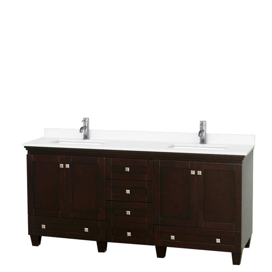 Wyndham Collection Acclaim 72" Double Bathroom Espresso Vanity With White Cultured Marble Countertop And Undermount Square Sinks