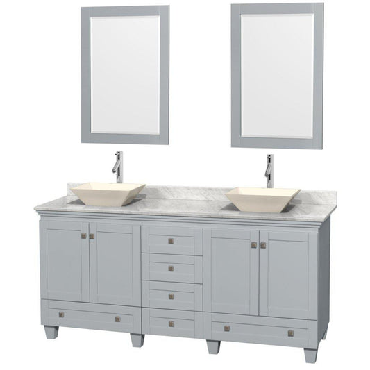 Wyndham Collection Acclaim 72" Double Bathroom Oyster Gray Vanity With White Carrara Marble Countertop And Pyra Bone Porcelain Sinks And 2 Set Of 24" Mirror