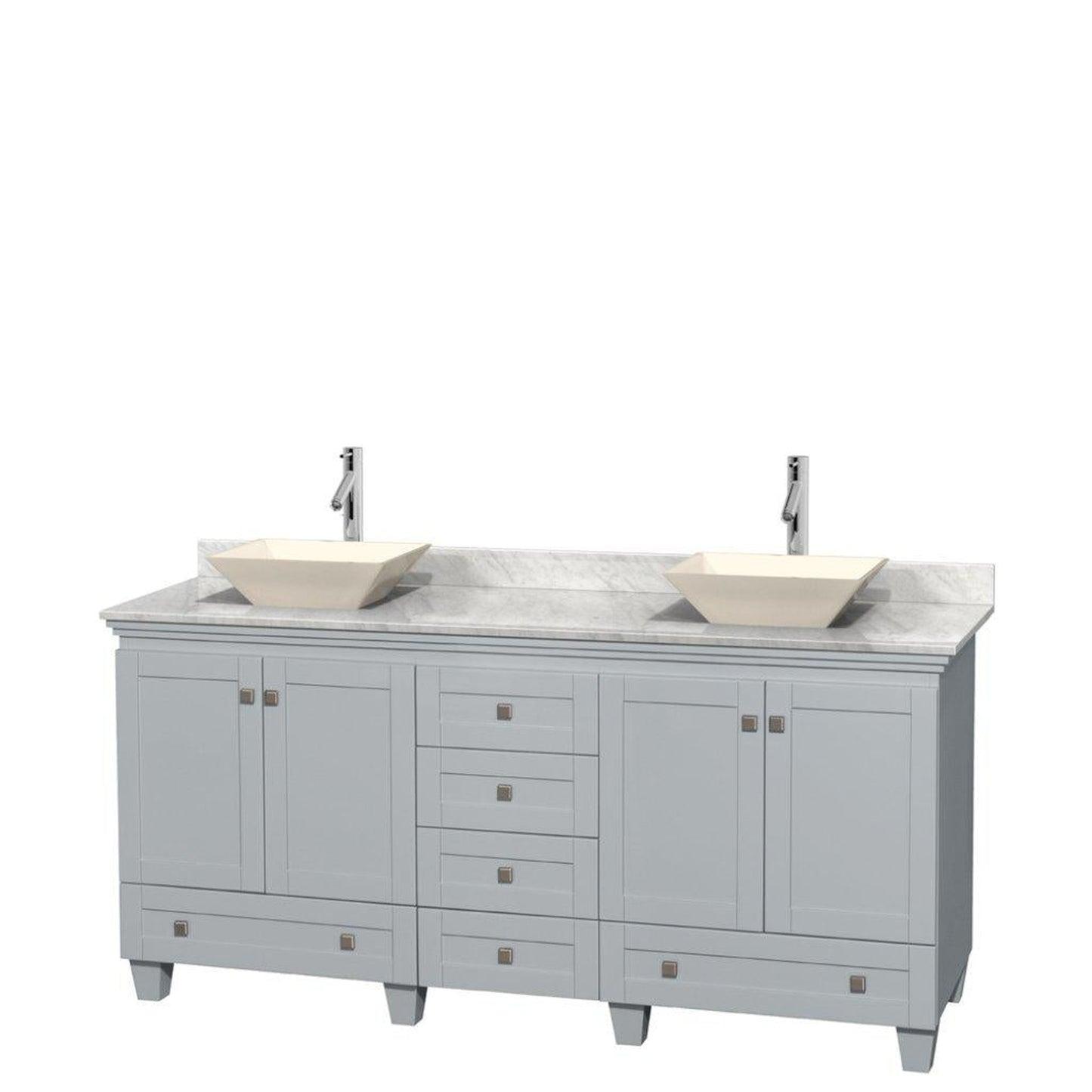 Wyndham Collection Acclaim 72" Double Bathroom Oyster Gray Vanity With White Carrara Marble Countertop And Pyra Bone Porcelain Sinks