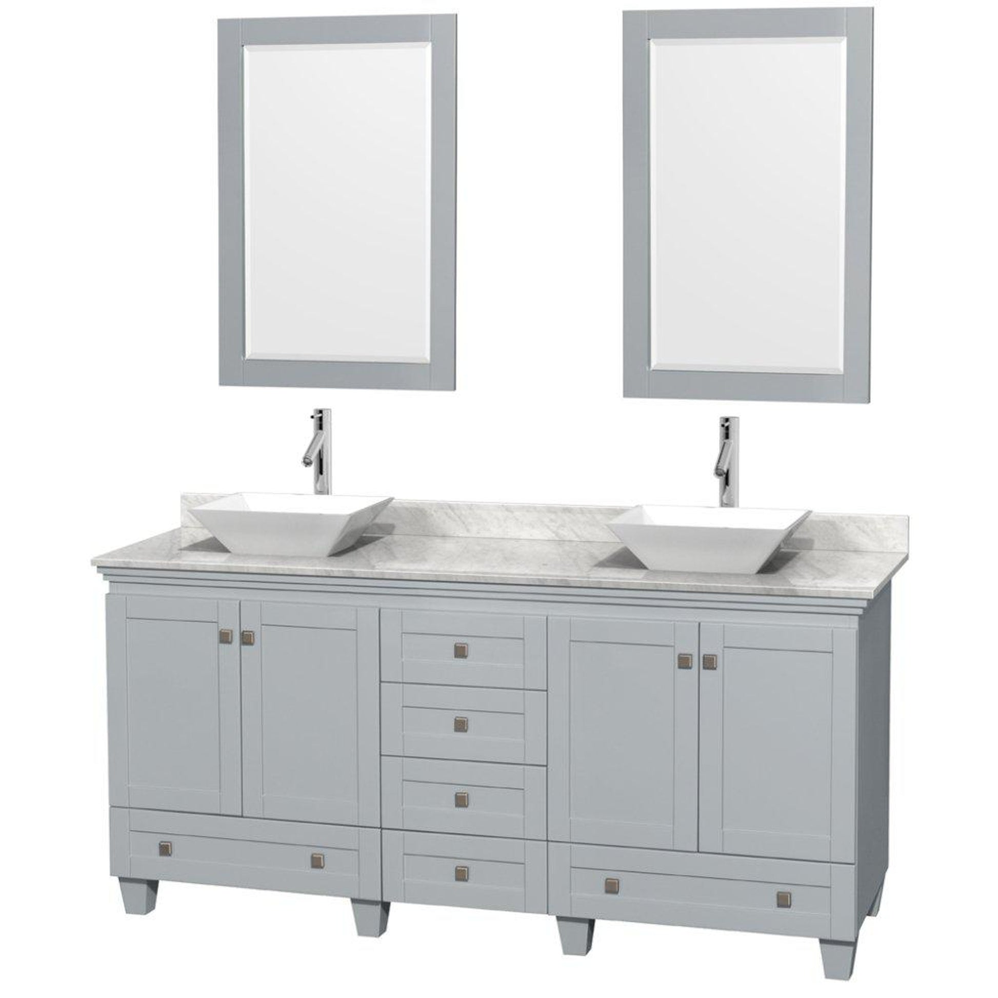 Wyndham Collection Acclaim 72" Double Bathroom Oyster Gray Vanity With White Carrara Marble Countertop And Pyra White Porcelain Sinks And 2 Set Of 24" Mirror