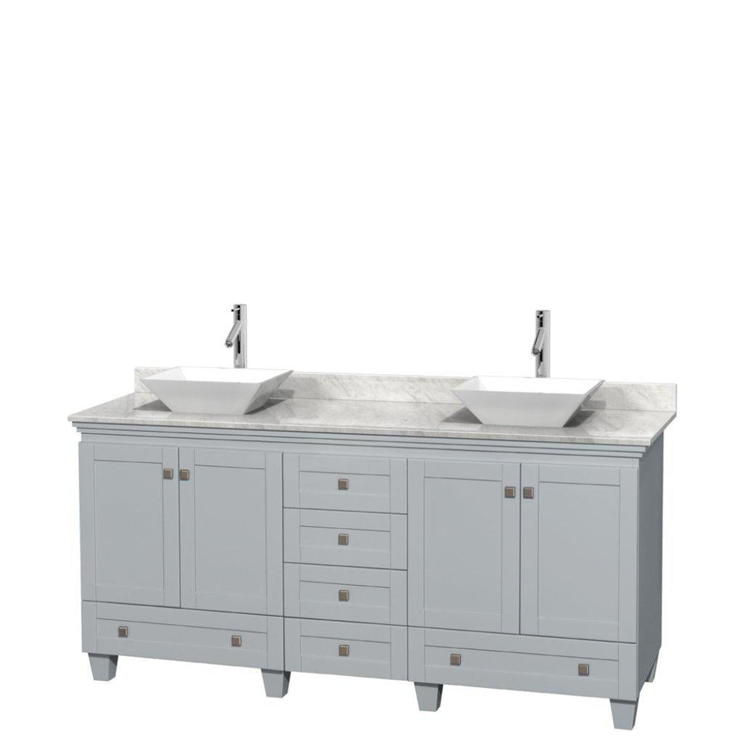 Wyndham Collection Acclaim 72" Double Bathroom Oyster Gray Vanity With White Carrara Marble Countertop And Pyra White Porcelain Sinks