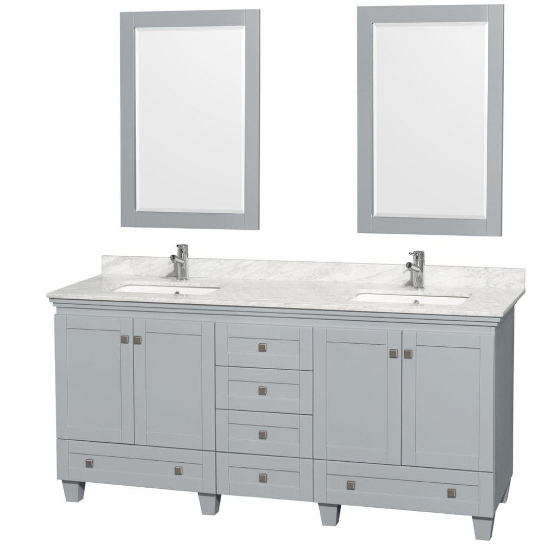 Wyndham Collection Acclaim 72" Double Bathroom Oyster Gray Vanity With White Carrara Marble Countertop And Undermount Square Sinks And 2 Set Of 24" Mirror