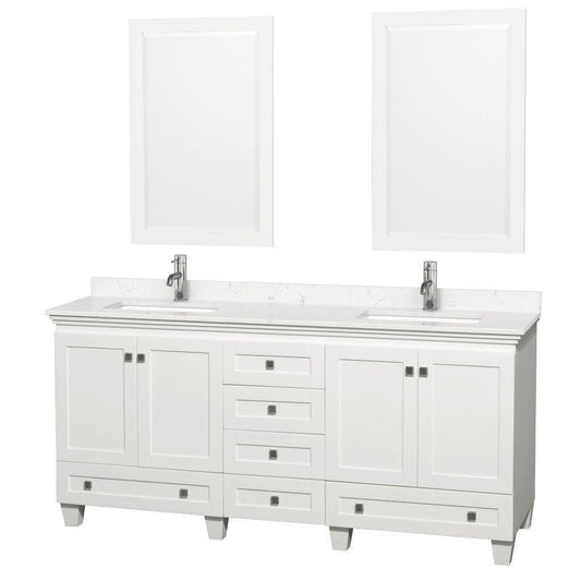 Wyndham Collection Acclaim 72" Double Bathroom White Vanity With Light-Vein Carrara Cultured Marble Countertop And Undermount Square Sinks And 2 Set Of 24" Mirror
