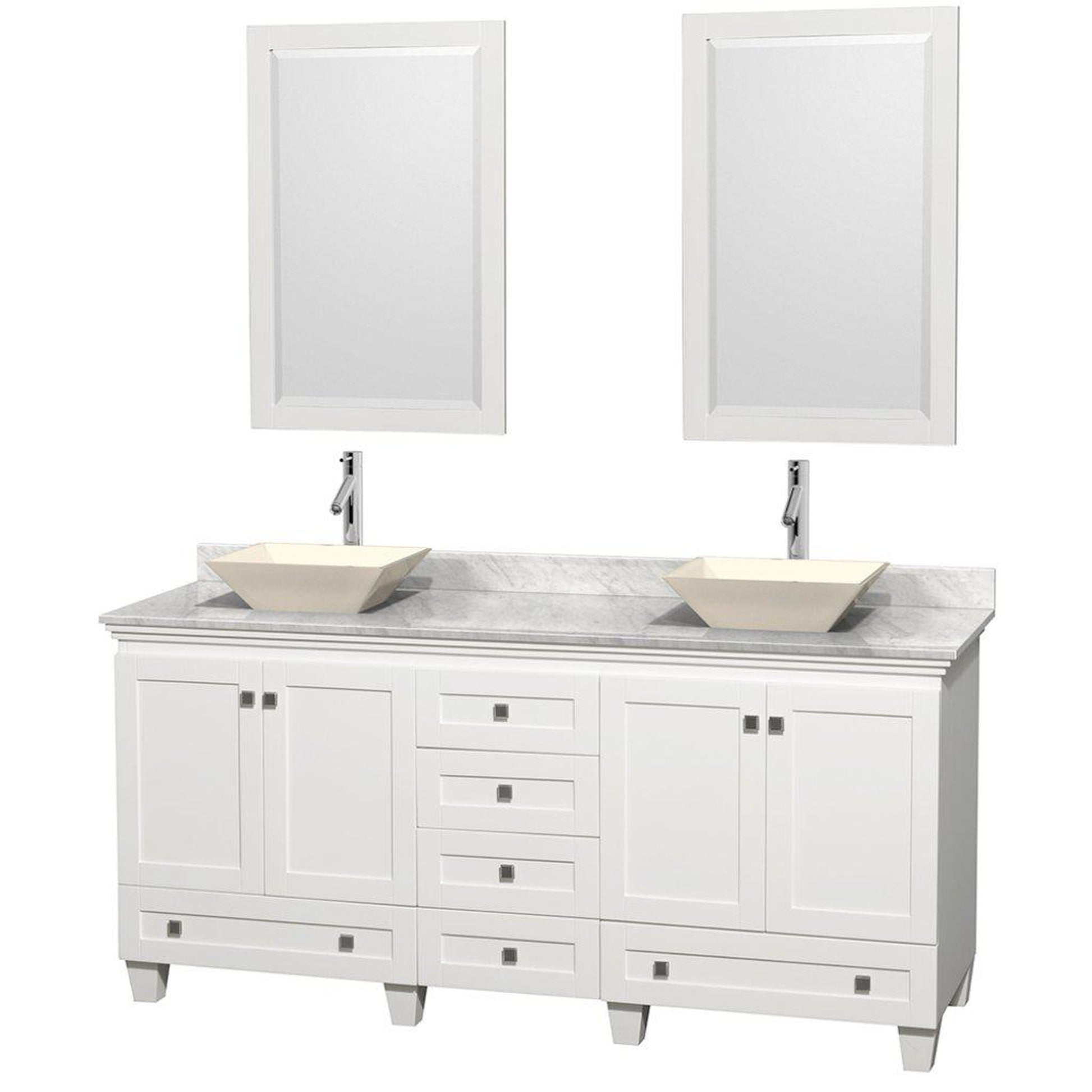 Wyndham Collection Acclaim 72" Double Bathroom White Vanity With White Carrara Marble Countertop And Pyra Bone Sinks And 2 Set Of 24" Mirror