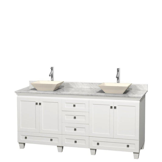Wyndham Collection Acclaim 72" Double Bathroom White Vanity With White Carrara Marble Countertop And Pyra Bone Sinks