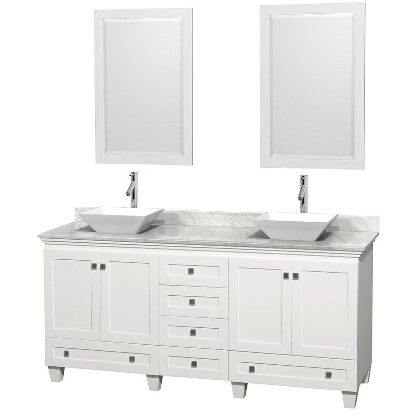 Wyndham Collection Acclaim 72" Double Bathroom White Vanity With White Carrara Marble Countertop And Pyra White Sinks And 2 Set Of 24" Mirror
