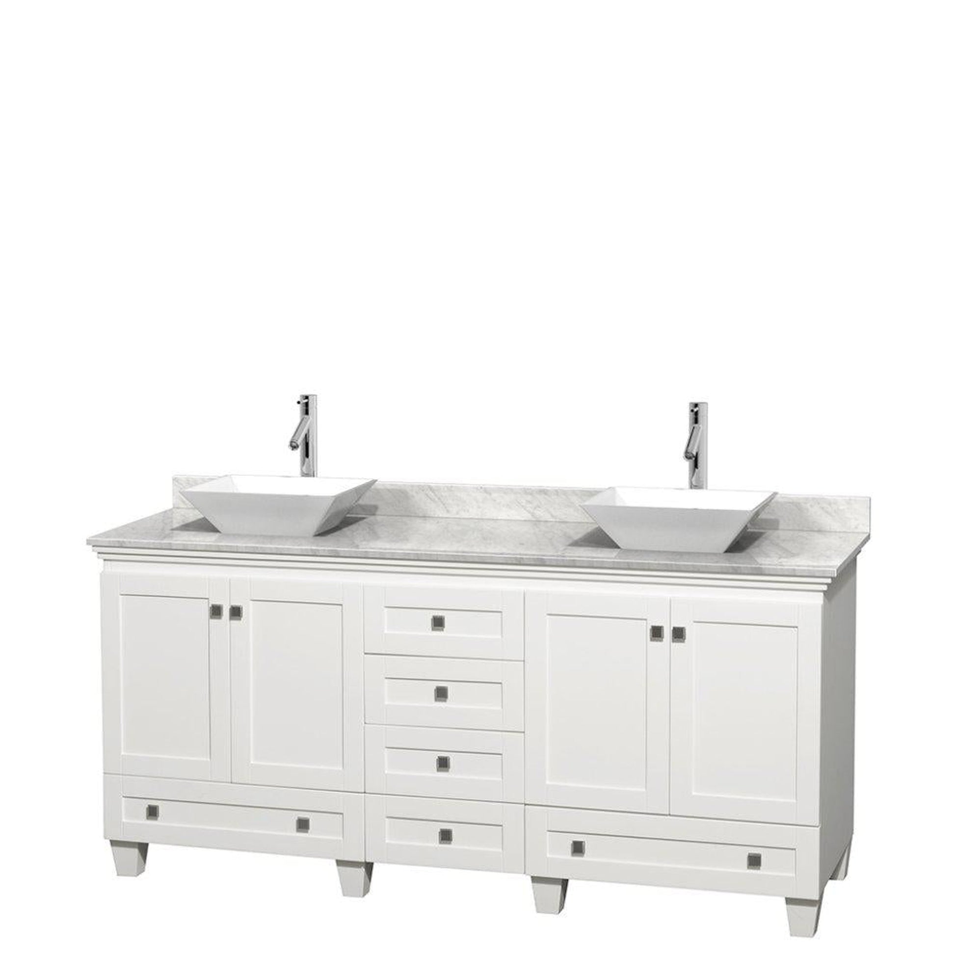 Wyndham Collection Acclaim 72" Double Bathroom White Vanity With White Carrara Marble Countertop And Pyra White Sinks