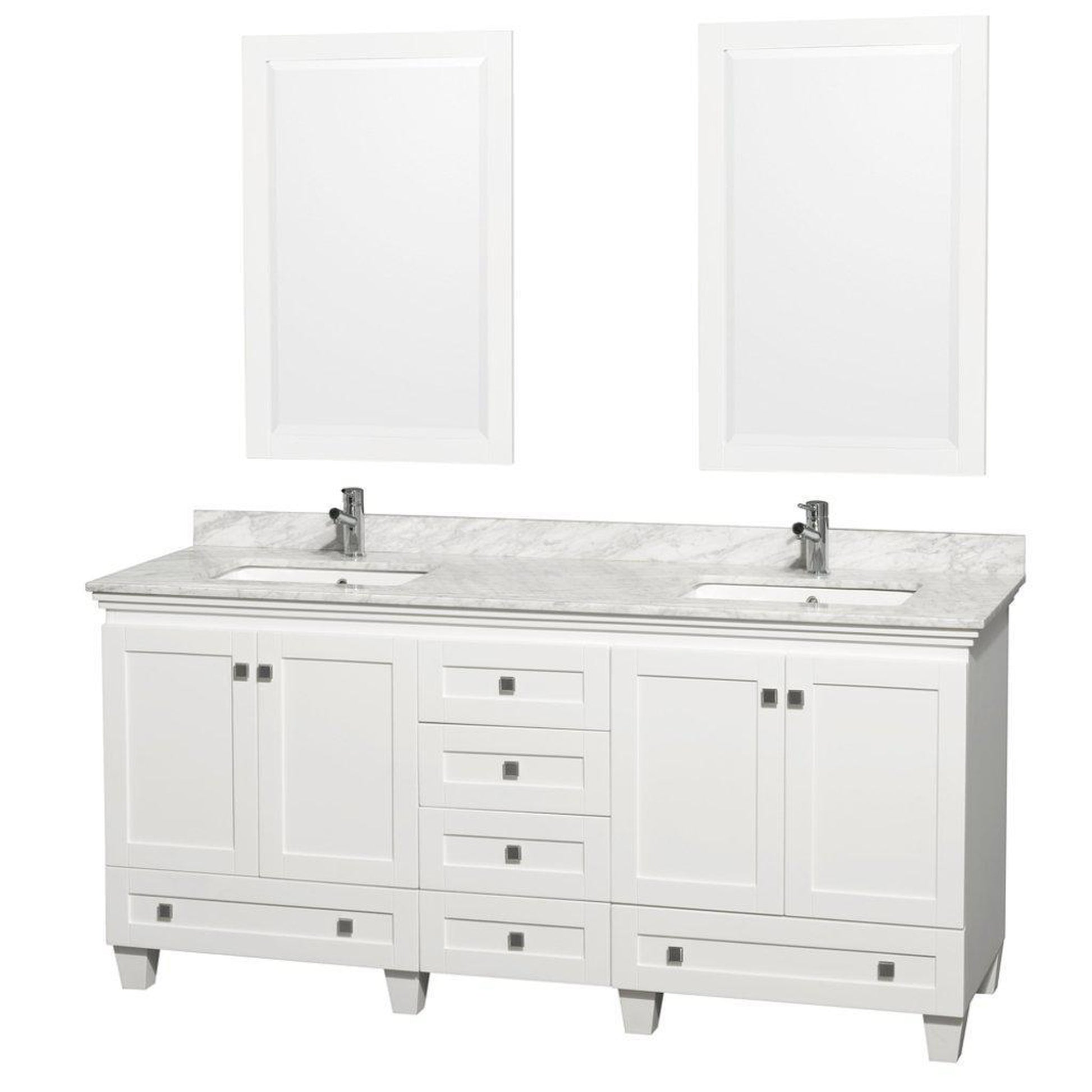 Wyndham Collection Acclaim 72" Double Bathroom White Vanity With White Carrara Marble Countertop And Undermount Square Sinks And 2 Set Of 24" Mirror