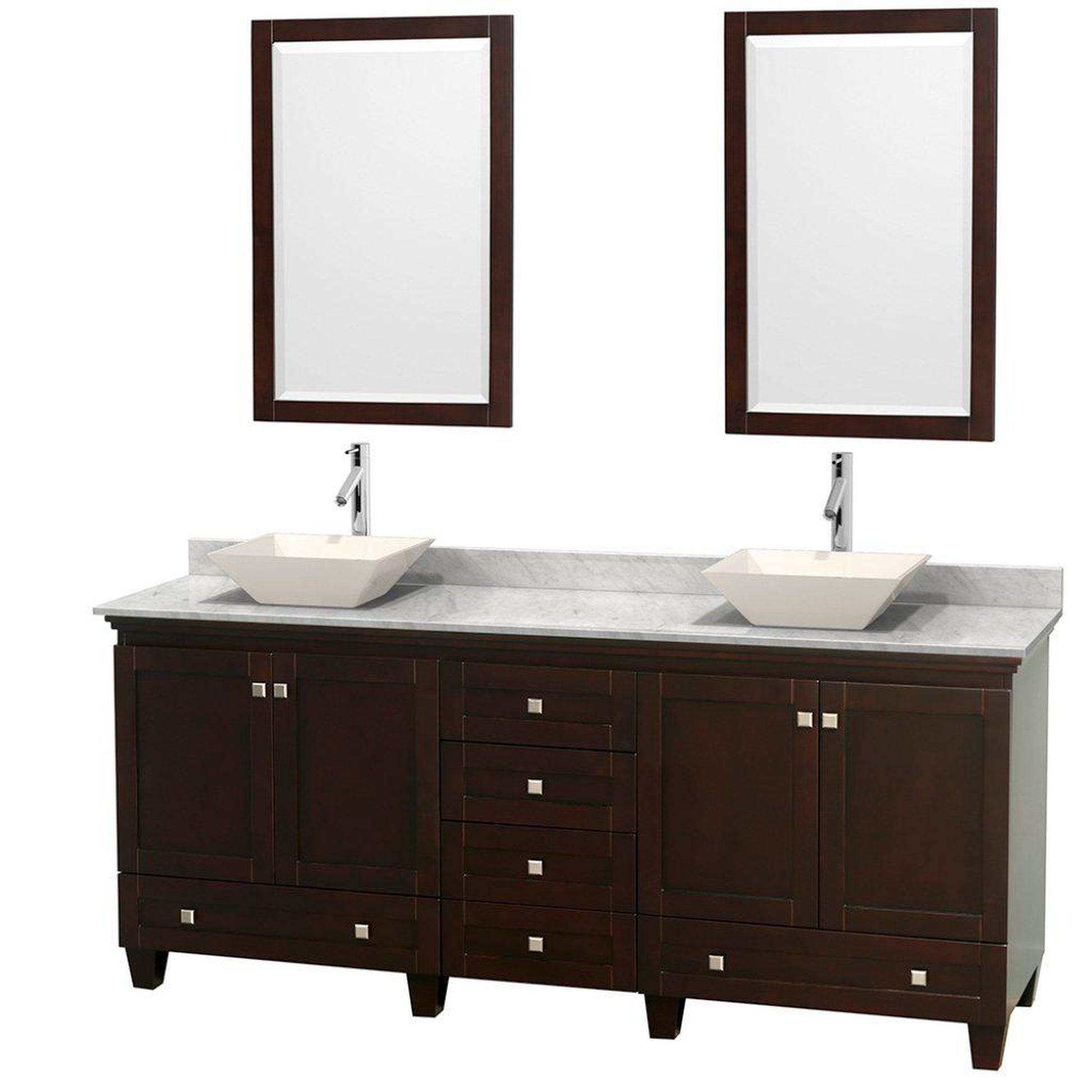 Wyndham Collection Acclaim 80" Double Bathroom Espresso Vanity With White Carrara Marble Countertop And Pyra Bone Porcelain Sinks And 2 Set Of 24" Mirror