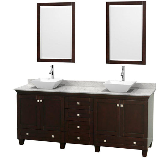 Wyndham Collection Acclaim 80" Double Bathroom Espresso Vanity With White Carrara Marble Countertop And Pyra White Porcelain Sinks And 2 Set Of 24" Mirror