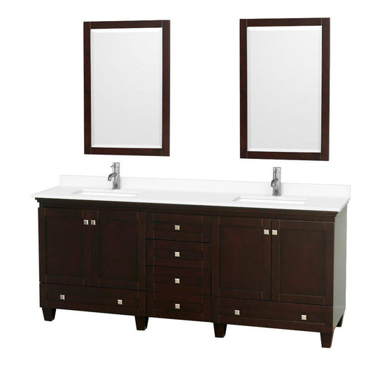 Wyndham Collection Acclaim 80" Double Bathroom Espresso Vanity With White Cultured Marble Countertop And Undermount Square Sinks And 2 Set Of 24" Mirror