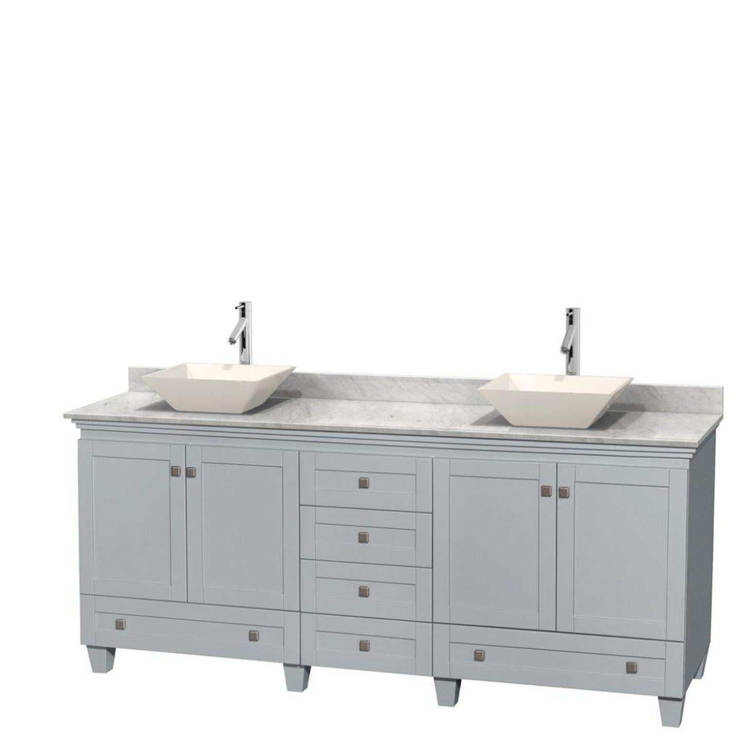 Wyndham Collection Acclaim 80" Double Bathroom Oyster Gray Vanity With White Carrara Marble Countertop And Pyra Bone Porcelain Sinks