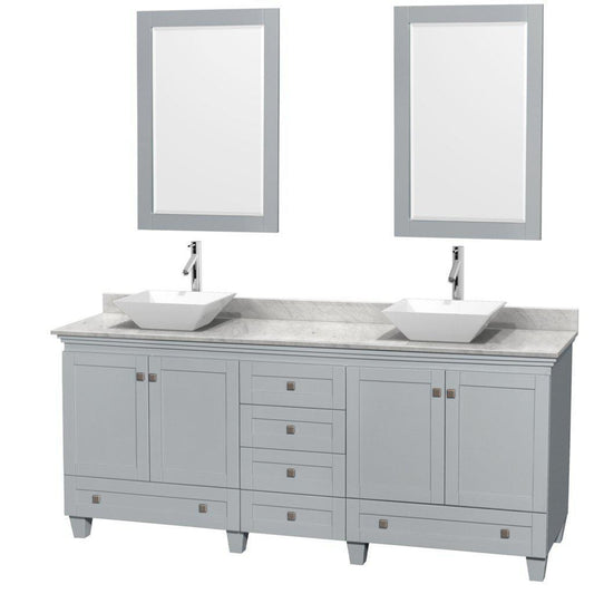Wyndham Collection Acclaim 80" Double Bathroom Oyster Gray Vanity With White Carrara Marble Countertop And Pyra White Porcelain Sinks And 2 Set Of 24" Mirror