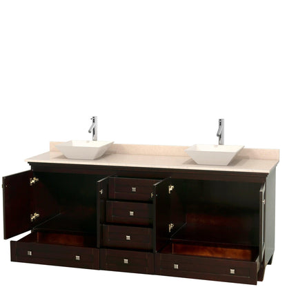 Wyndham Collection Acclaim 80" Double Bathroom Vanity in Espresso With Ivory Marble Countertop & Pyra Bone Porcelain Sink