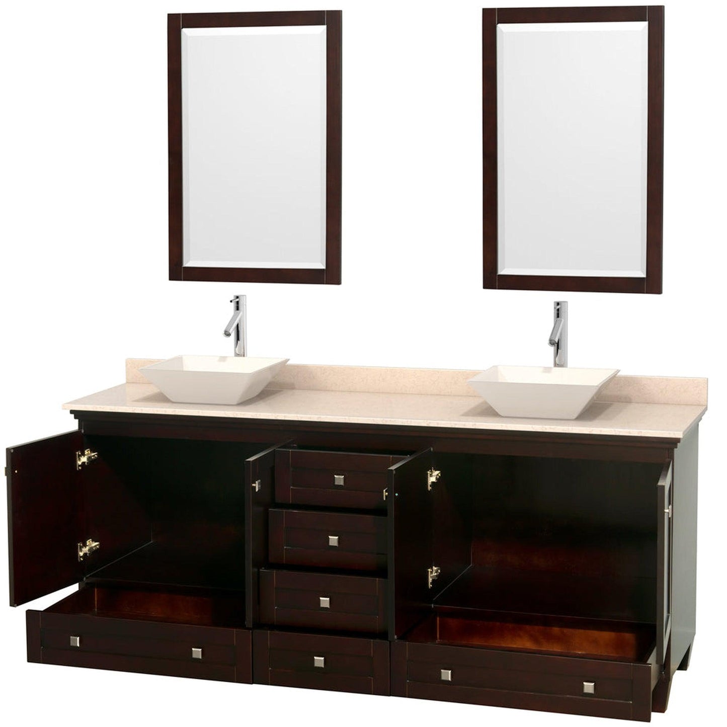 Wyndham Collection Acclaim 80" Double Bathroom Vanity in Espresso With Ivory Marble Countertop, Pyra Bone Porcelain Sink & 24" Mirror