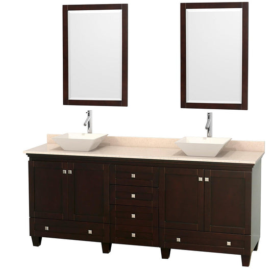 Wyndham Collection Acclaim 80" Double Bathroom Vanity in Espresso With Ivory Marble Countertop, Pyra Bone Porcelain Sink & 24" Mirror