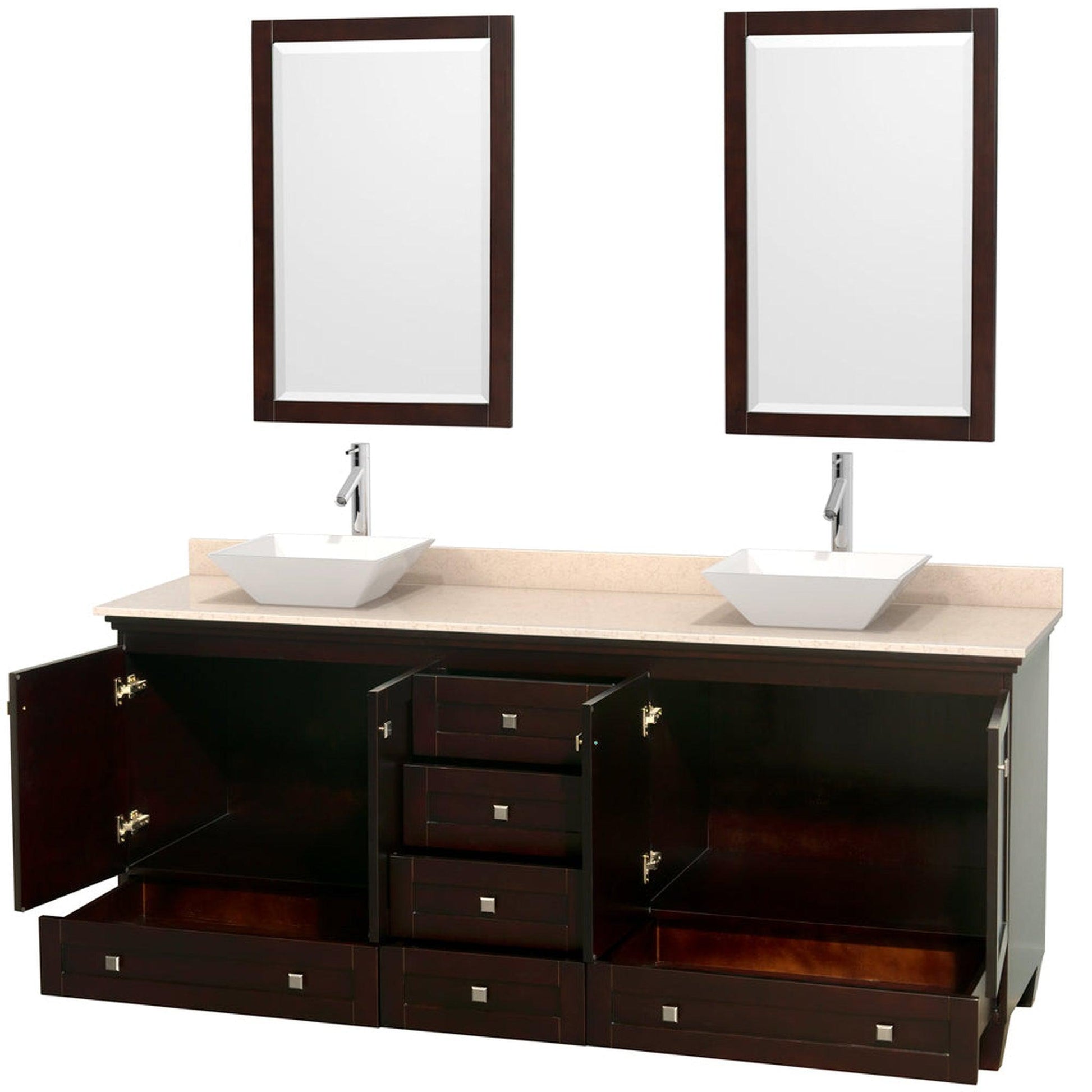 Wyndham Collection Acclaim 80" Double Bathroom Vanity in Espresso With Ivory Marble Countertop, Pyra White Porcelain Sink & 24" Mirror