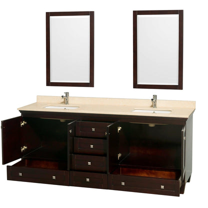 Wyndham Collection Acclaim 80" Double Bathroom Vanity in Espresso With Ivory Marble Countertop, Undermount Square Sink & 24" Mirror