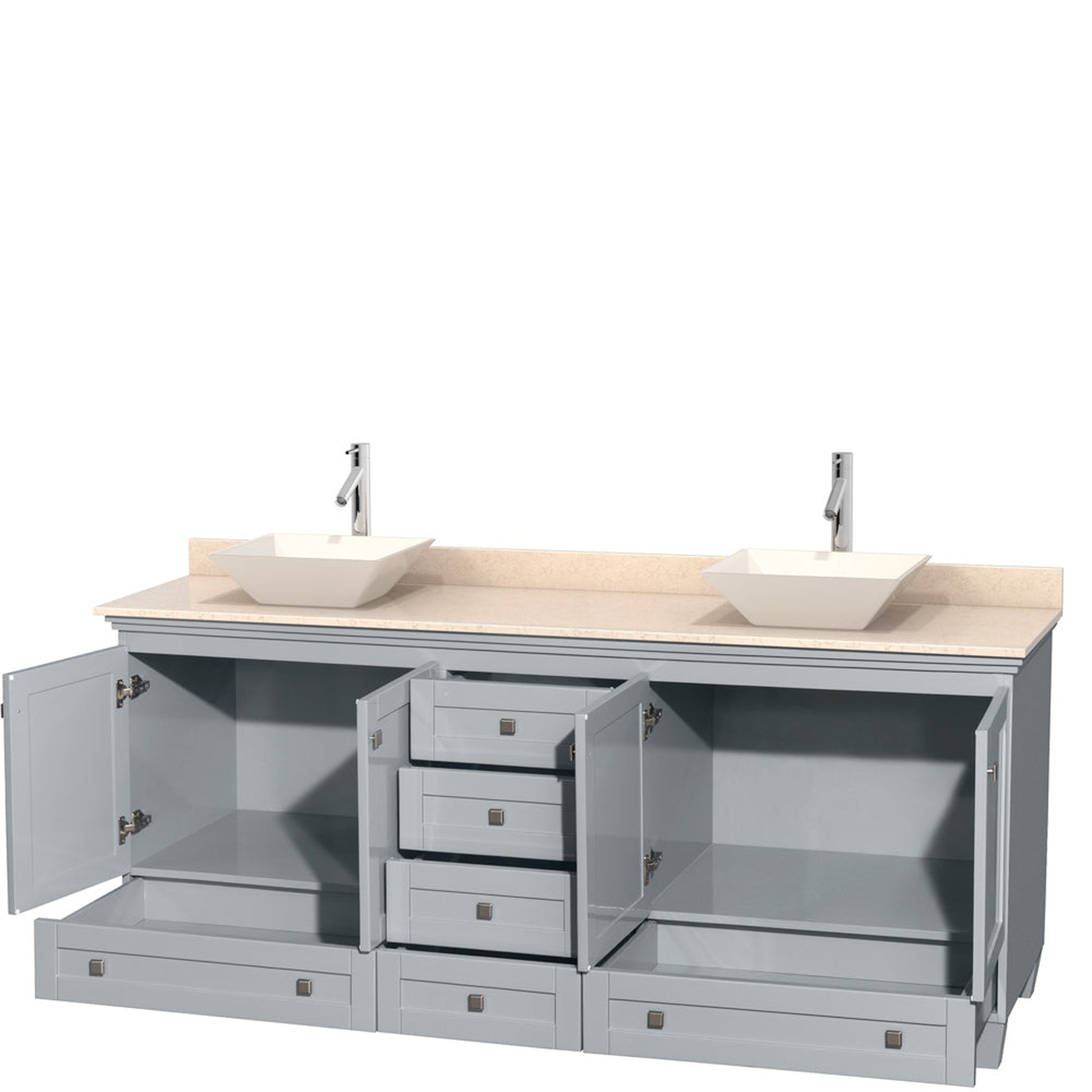 Wyndham Collection Acclaim 80" Double Bathroom Vanity in Oyster Gray With Ivory Marble Countertop & Pyra Bone Porcelain Sink