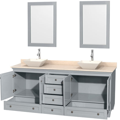 Wyndham Collection Acclaim 80" Double Bathroom Vanity in Oyster Gray With Ivory Marble Countertop, Pyra Bone Porcelain Sink & 24" Mirror