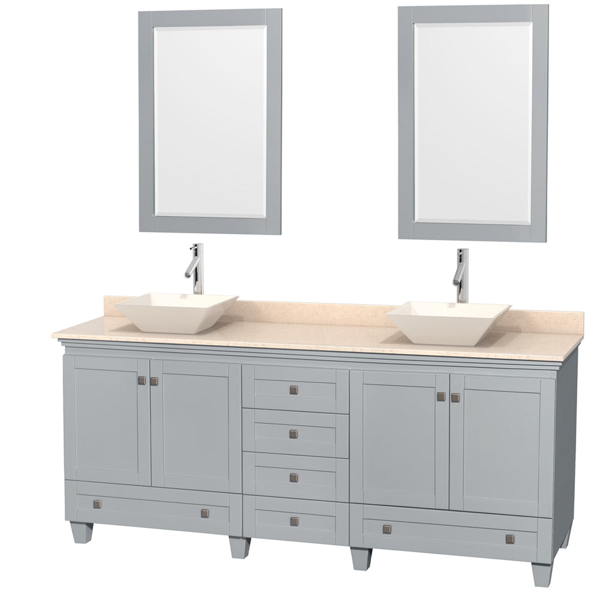 Wyndham Collection Acclaim 80" Double Bathroom Vanity in Oyster Gray With Ivory Marble Countertop, Pyra Bone Porcelain Sink & 24" Mirror