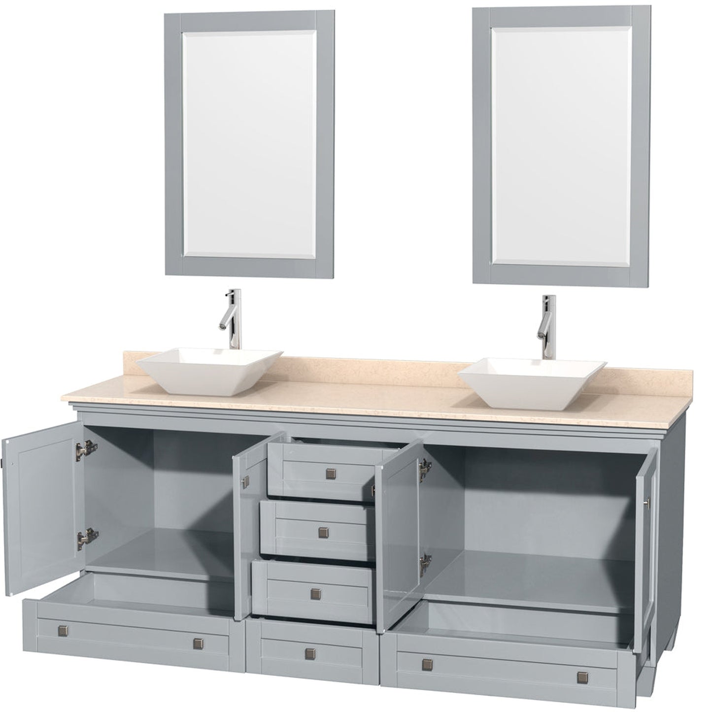 Wyndham Collection Acclaim 80" Double Bathroom Vanity in Oyster Gray With Ivory Marble Countertop, Pyra White Porcelain Sink & 24" Mirror