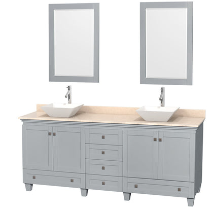 Wyndham Collection Acclaim 80" Double Bathroom Vanity in Oyster Gray With Ivory Marble Countertop, Pyra White Porcelain Sink & 24" Mirror