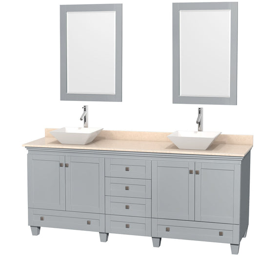 Wyndham Collection Acclaim 80" Double Bathroom Vanity in Oyster Gray With Ivory Marble Countertop, Pyra White Porcelain Sink & 24" Mirror