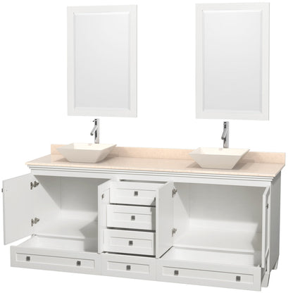 Wyndham Collection Acclaim 80" Double Bathroom Vanity in White With Ivory Marble Countertop, Pyra Bone Porcelain Sink & 24" Mirror